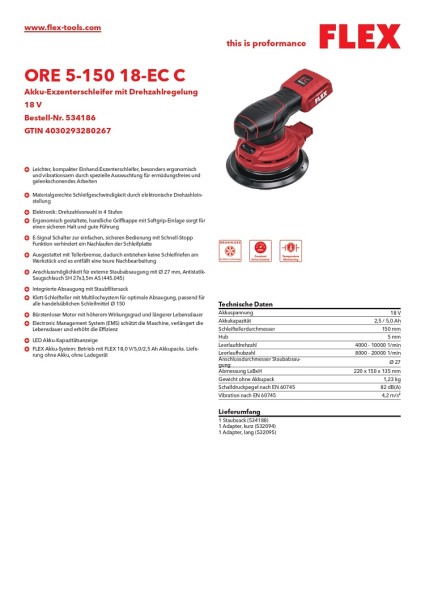 Flex Akku-Exzenterschleifer mit Drehzahlregelung 18 V ORE 5-150 18-EC C