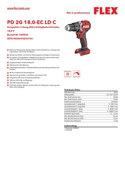 Flex Kompakter 2-Gang Akku-Schlagbohrschrauber 18V PD 2G 18.0-EC HD C