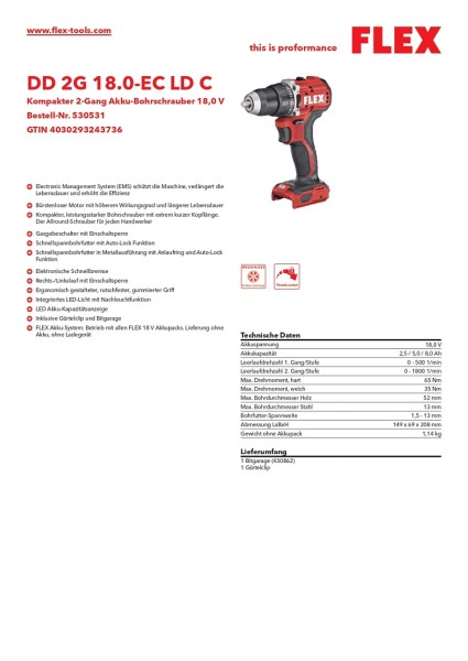 Flex Akku-Bohrschrauber 2-Gang DD 2G 18.0-EC LD C