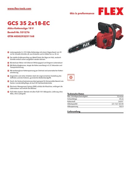 Flex Akku-Kettensäge 18 V GCS 35 2x18-EC