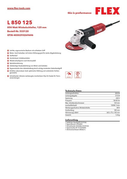Flex Winkelschleifer L 850 125 850 Watt
