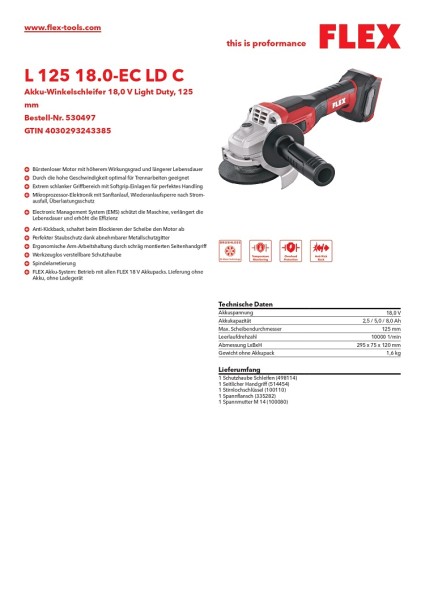 Flex Akku-Winkelschleifer 8,0 V Light Duty, 125mm, L 125 18.0-EC LD C