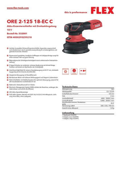Flex Akku-Exzenterschleifer 18V ORE 2-125 18-EC C