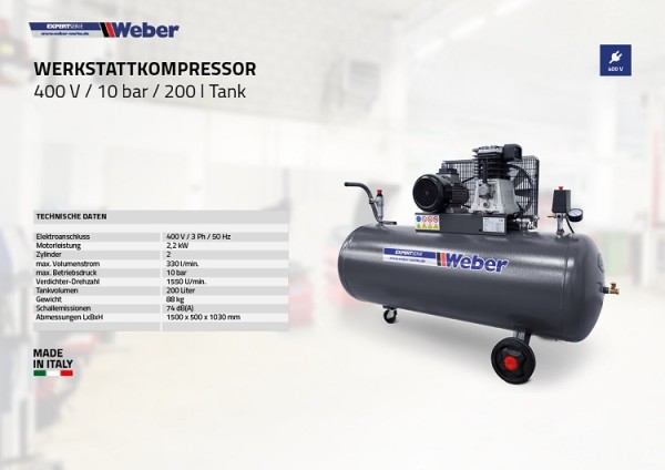 Werkstattkompressor 400 V / 10 bar / 200 l Tank