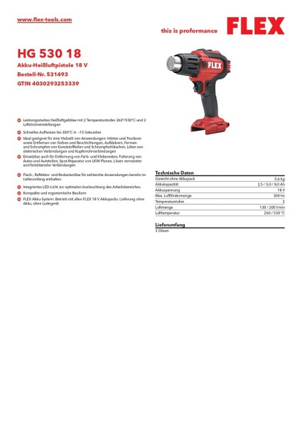 Flex Akku Heißluftpistole 18V HG 530 18