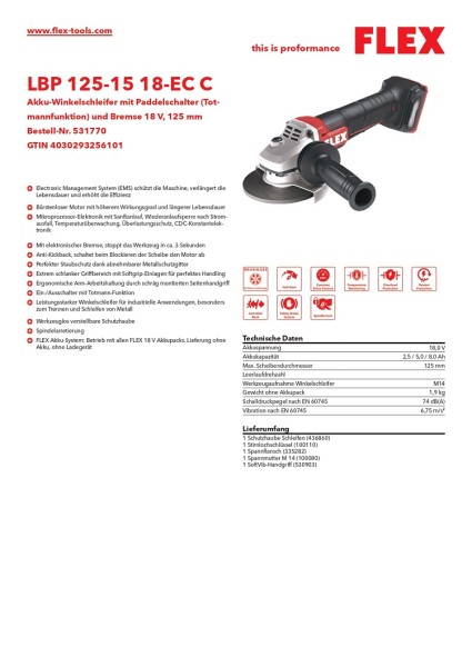 Flex Akku-Winkelschleifer mit Paddelschalter (Totmannfunktion) und Bremse 18V LBP 125-15 18-EC-C