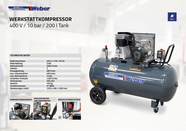 Werkstattkompressor 400 V / 10 bar / 200 l Tank