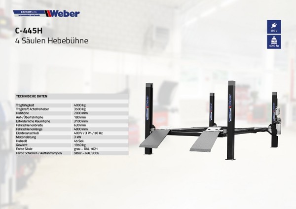 4 Säulen Hebebühne Weber Expert Serie C-445H
