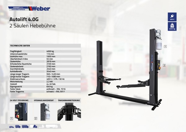 2 Säulen Hebebühne Weber Expert Serie Autolift 4.0G mit Grundrahmen
