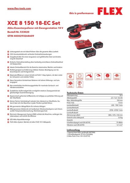 Flex Akku-Exzenterpolierer mit Zwangsrotation 18 V XCE 8 150 18-EC Set