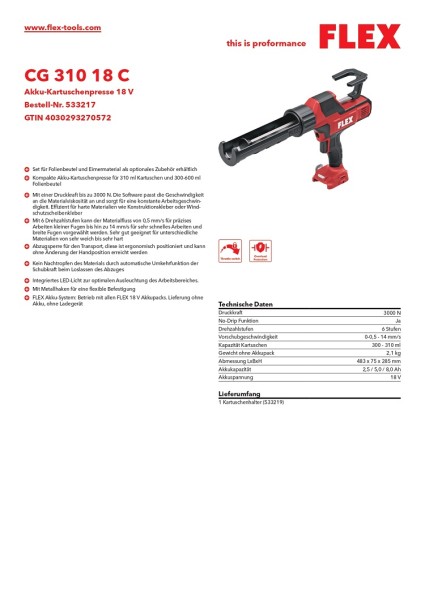 Flex Akku-Kartuschenpresse 18 V CG 310 18 C