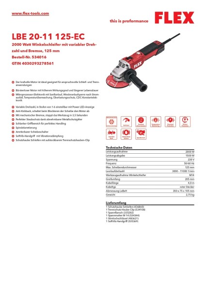 Flex Winkelschleifer 2000 Watt, LBE 20-11 125-EC