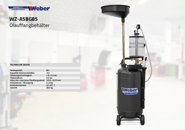 Ölauffangbehälter mit Absaugfunktion und Glasmessbehälter 85 l