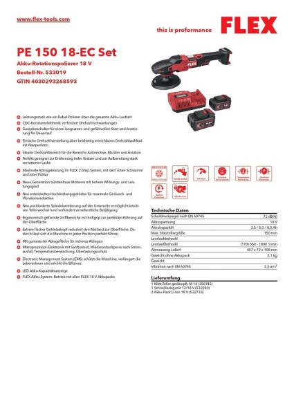Flex Akku-Rotationspolierer 18 V PE 150 18-EC Set