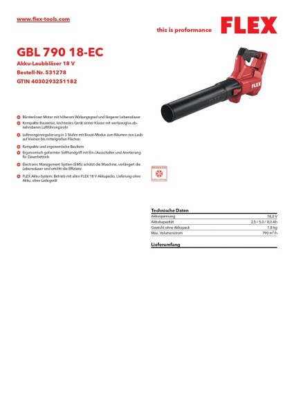 Flex Akku-Laubbläser 18 V BGL 790 18-EC