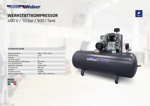 Werkstattkompressor 400 V / 10 bar / 500 l Tank