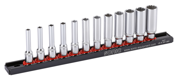 Sonic Equipment 1/4 Zoll Nuss Set 12 kant lang auf Steckleiste 12 teilig