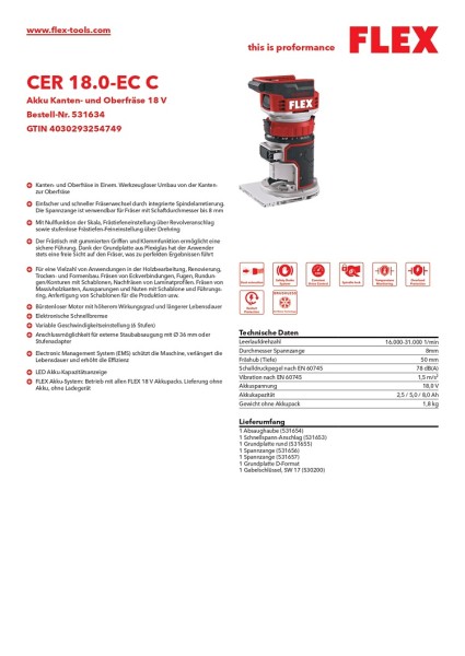 Flex Akku-Kanten- und Oberfräse 18 V CER 18-EC C