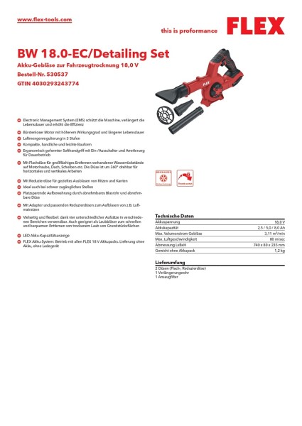 Flex Akku-Gebläse zur Fahrzeugtrocknung 18,0 V BW 18.0-EC/Detailing Set