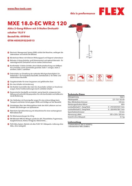 Flex Akku 2-Gang-Rührer mit 3-Stufen Drehzahlschalter 18,0 MXE 18.0-EC WRS 120
