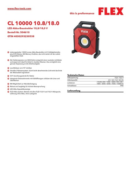 Flex LED Akku-Baustrahler 10,8V/18,0V CL 10000 10.8/18.0