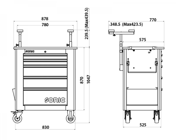 Werkstattwagen leer, für Glas, 5 Schubladen, schwarz