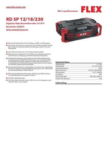 Flex Digitales Akku-Baustellenradio RD SP 12/18/230