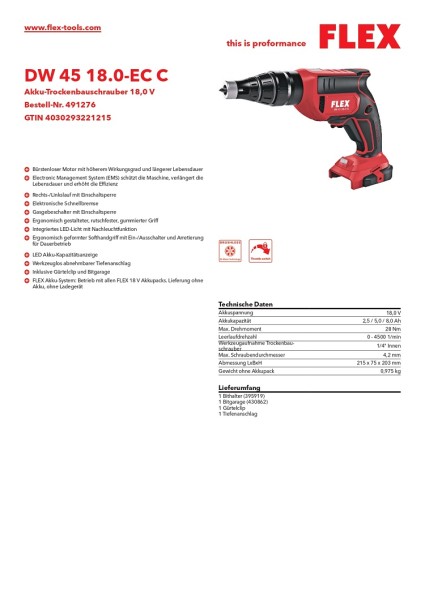 Flex Akku-Trockenbauschrauber 18,0 V DW 45 18.0-EC C