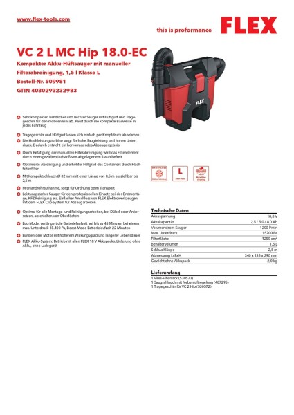 Flex Kompakter Akku-Hüftsauger VC 2 L MC Hip 18.0-EC