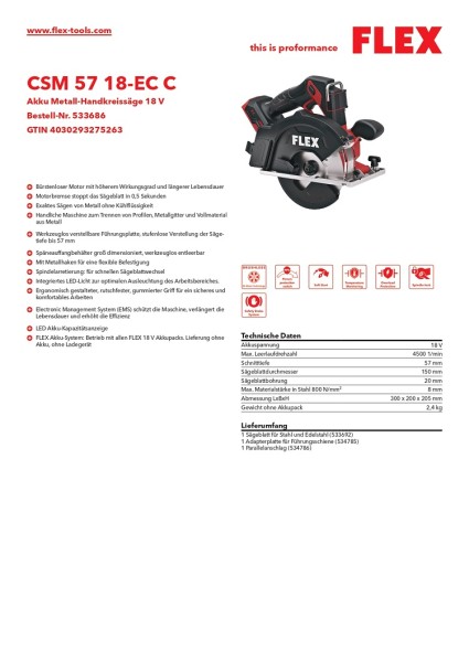 Flex Akku Metall-Handkreissäge 18 V CSM 57 18-EC C