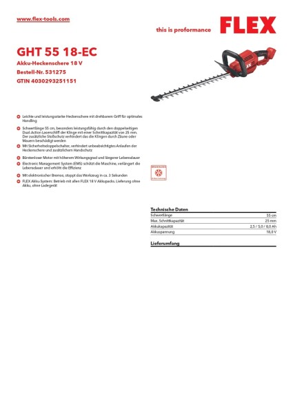 Flex Akku-Heckenschere 18 V GHT 55 18-EC