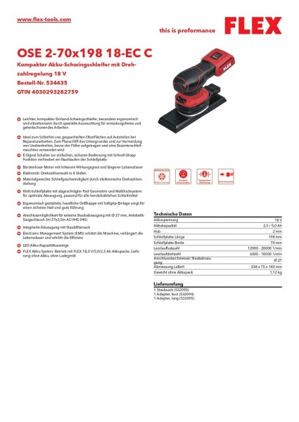 Flex Akku Schwingschleifer mit Drehzahlregelung 18 V OSE 2-70x198 18-EC C