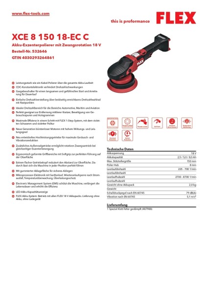 Flex Akku-Exzenterpolierer mit Zwangsrotation 18 V XCE 8 150 18-EC C